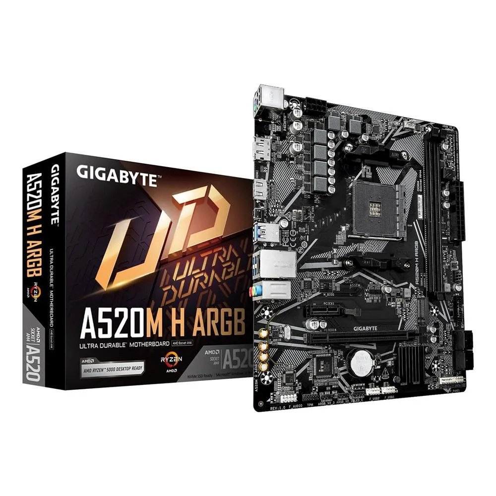 GIGABYTE A520M H ARGB Placa Base – Compatible con CPUs AMD Ryzen Serie 5000, hasta 5100 MHz DDR4 (OC), M.2 PCIe 3.0 x4, LAN 1 GbE, USB 3.2 Gen 1