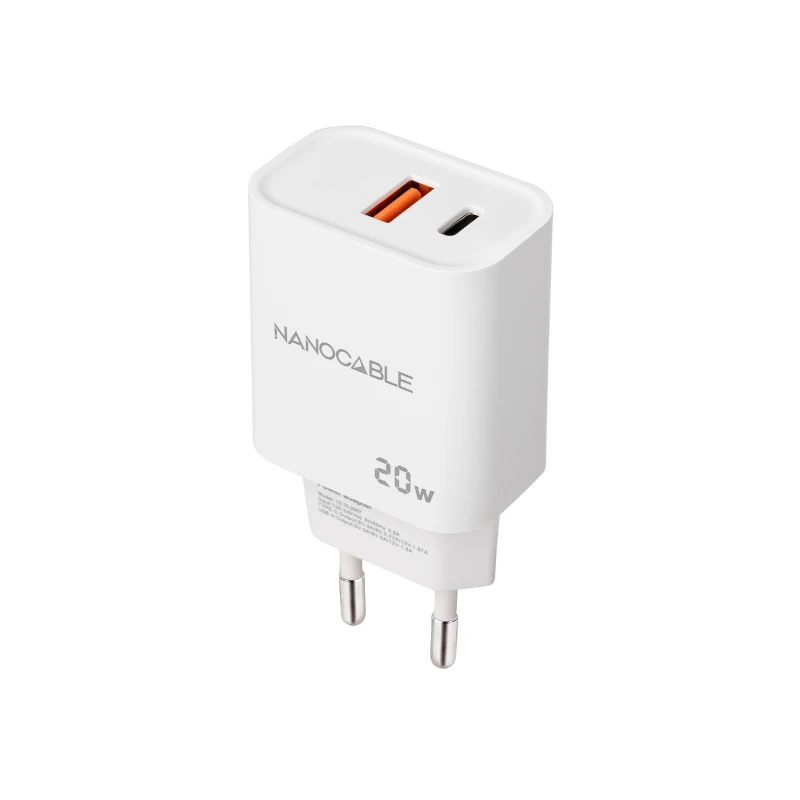 Nanocable Cargador USB-C-PD+USB-A-QC 20W Blanco