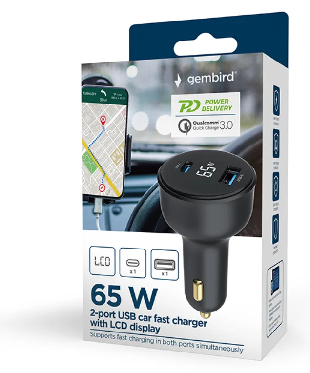 Gembird TA-UC-AC2PD65LCD-CAR-01 cargador de dispositivo móvil Universal Negro Encendedor de cigarrillos Carga rápida Auto