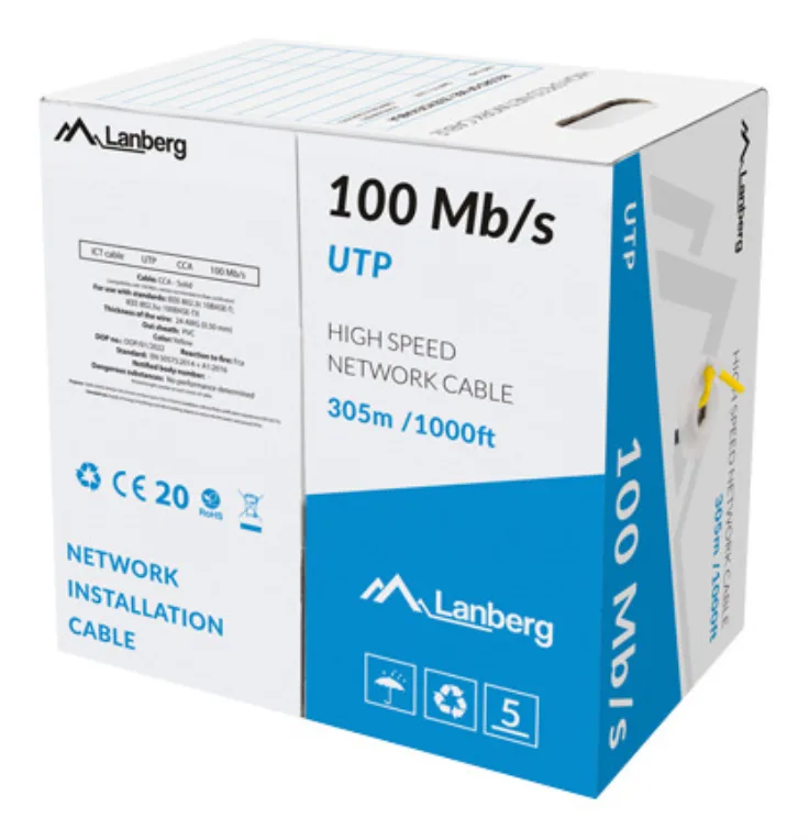 Bobina 100mb - s lanberg utp 305m rj45 solid cca awg24 amarillo
