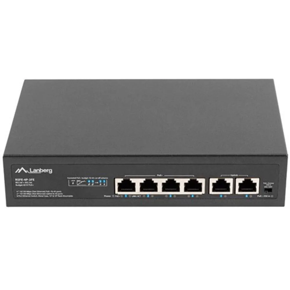 Lanberg RSFE-4P-2FE-60 switch No administrado Fast Ethernet (10/100) Energía sobre Ethernet (PoE) 1U Negro