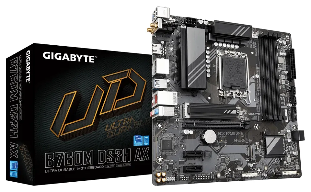 GIGABYTE B760M DS3H AX Placa Base - Compatible con procesadores Intel Core de 14ª generación, VRM digital de 6+2+1 fases, hasta 7600MHz DDR5 (OC), 2x PCIe 4.0 M.2, Wi-Fi 6E, LAN 2.5GbE, USB 3.2 Gen 2