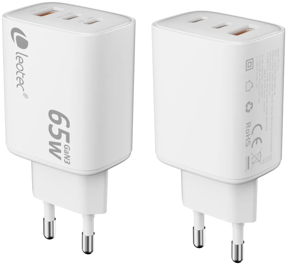 Leotec CARGADOR UNIVERSAL 65W GAN ULTRA SLIM 2 USB C PD+1 USB A BLANCO