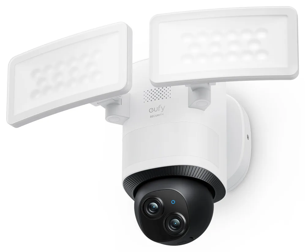 Eufy Security Floodlight Camera E340 con cable, giro de 360° e inclinación, grabación ininterrumpida, Wi-Fi de doble banda, 2000 lúmenes, activada por movimiento, cámara doble, compatible con HomeBase 3, almacenamiento local, sin cuota mensual