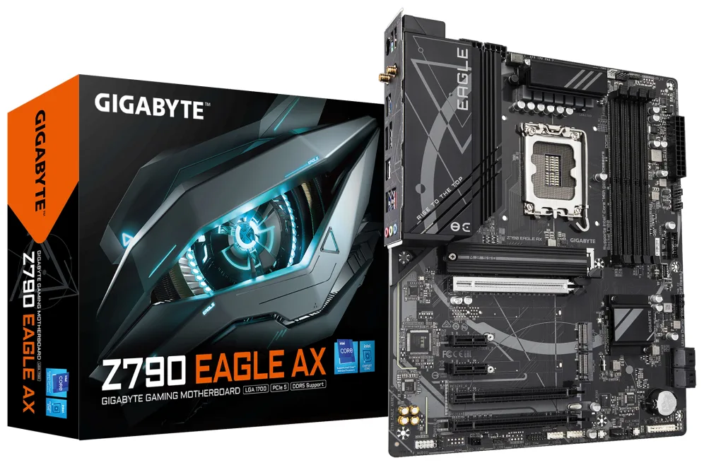 GIGABYTE Z790 EAGLE AX Placa base - Soporta CPUs Intel Core de 14ª generación, VRM digital de 12+1+1 fases, hasta 7600MHz DDR5 (OC), 3xPCIe 4.0 M.2, Wi-Fi 6E, LAN de 2.5GbE, USB 3.2 Gen 2