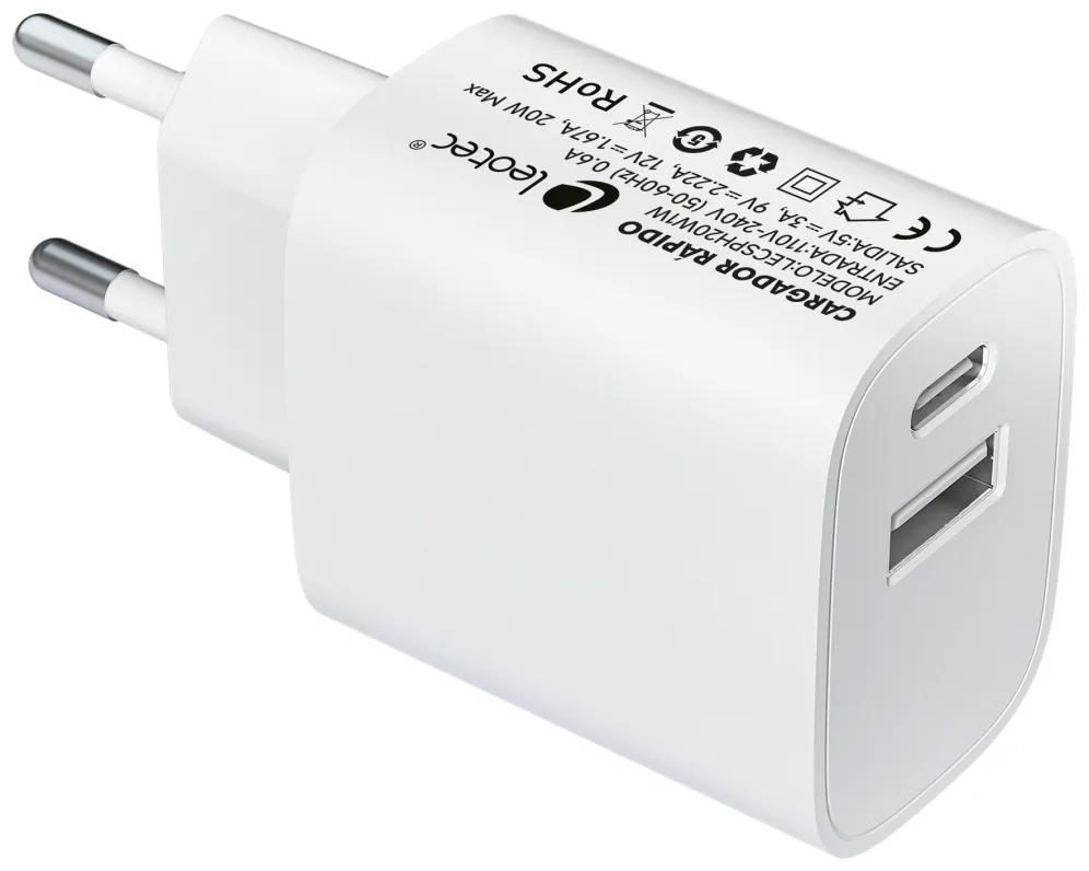 Cargador carga rapida 20w leotec 1 usb tipo - c pd 1 usb - a blanco
