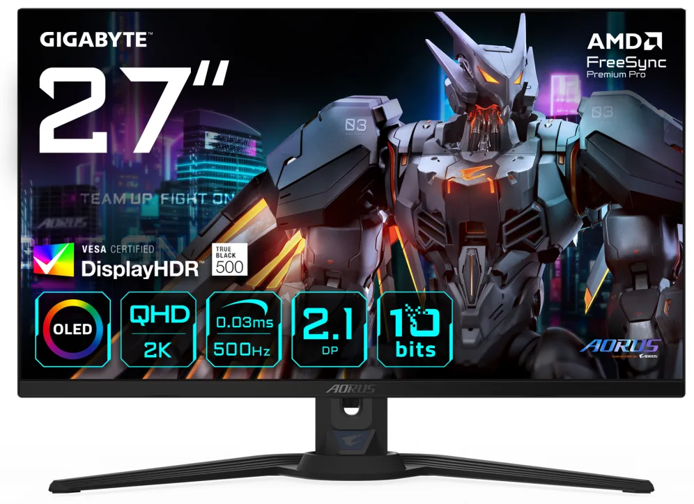 GIGABYTE AORUS FO27Q5P Monitor Gaming OLED QHD – 2560 x 1440, 500Hz, 0,03ms, KVM, 300 cd/m², FreeSync Premium Pro, DisplayHDR True Black 500, DisplayPort 2.1