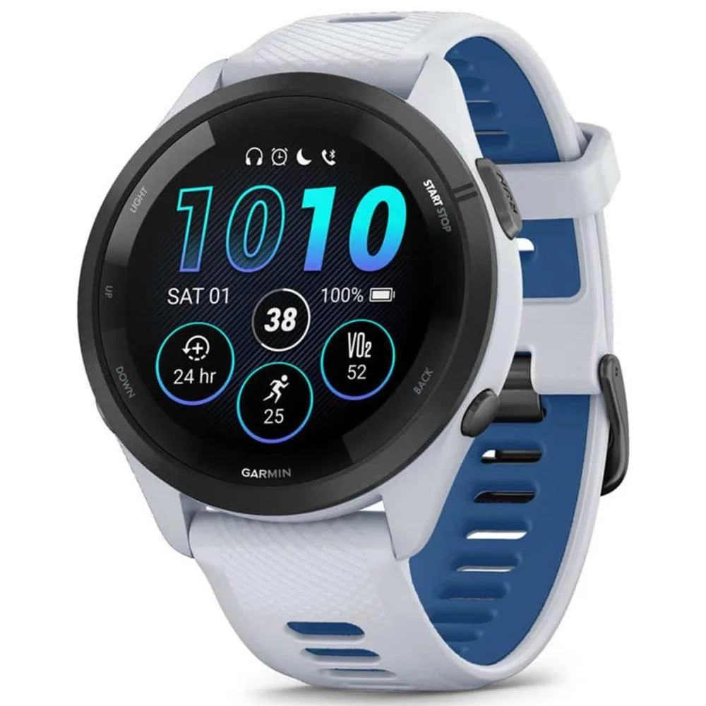 Garmin forerunner 265 46mm bisel negro con carcasa en blanco y correa de silicona en blanco - azul