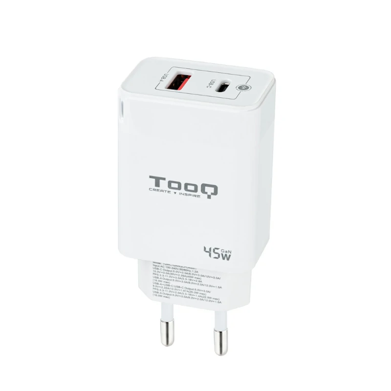 Tooq Cargador pared GAN USB-C-PD+USB-A-QC 45W