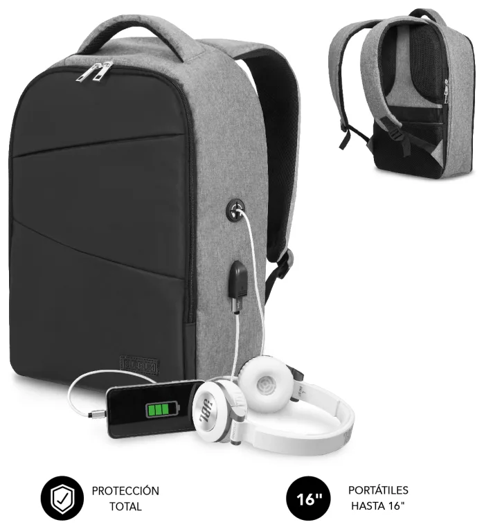 Mochila Subblim Secure V2 AP para Portátiles hasta 15.6"/ Puerto USB/ Antirrobo/ Gris