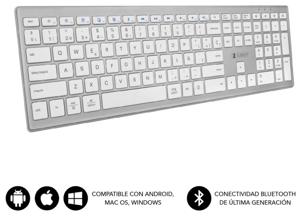 SUBBLIM Teclado Completo delgado inalámbrico Bluetooth Pure Extended Silver
