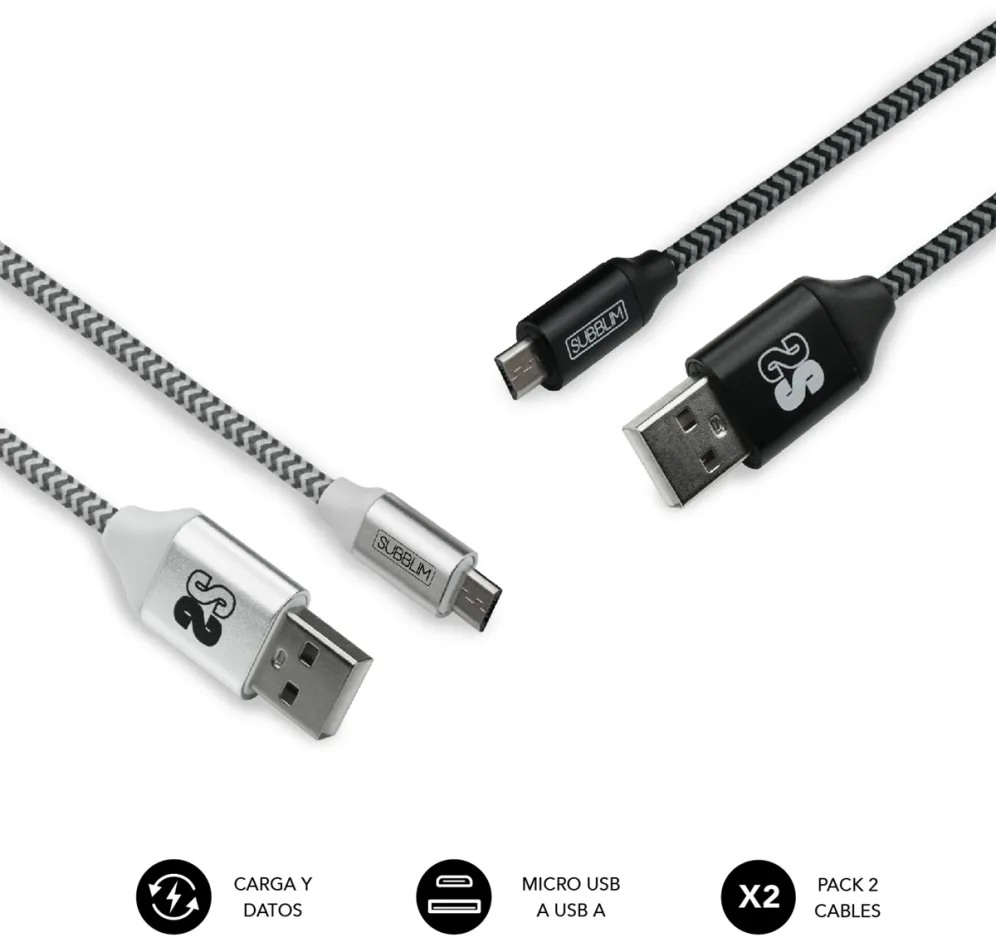 SUBBLIM PACK 2 CABLES USB A MICRO USB (2.4A) 1M BLACK/SILVER cable USB Micro-USB A Aluminio, Negro, Gris, Blanco