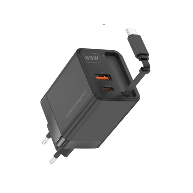 MARS GAMING CARGADOR GAN 65W CON CABLE NEGRO