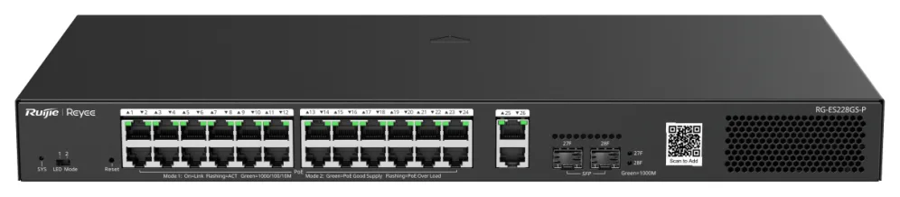 Ruijie Networks RG-ES228GS-P switch Gestionado Gigabit Ethernet (10/100/1000) Energía sobre Ethernet (PoE) Negro