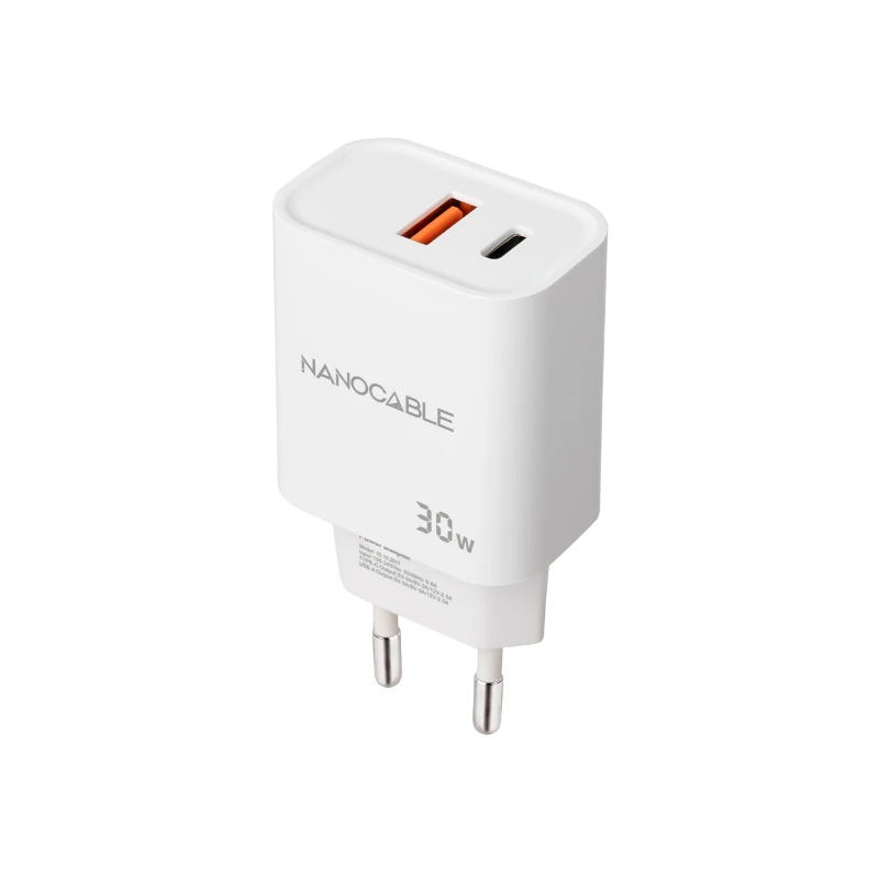 Nanocable Cargador USB-C-PD+USB-A-QC 30W Blanco
