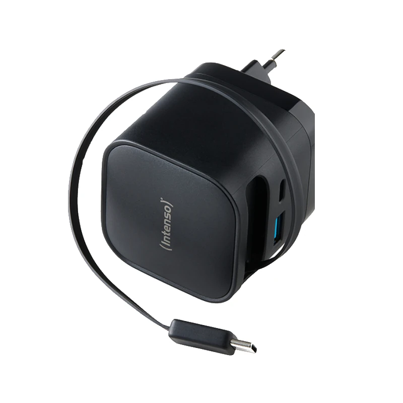 Intenso Cargador GaN W65ACIC retráctil Negro