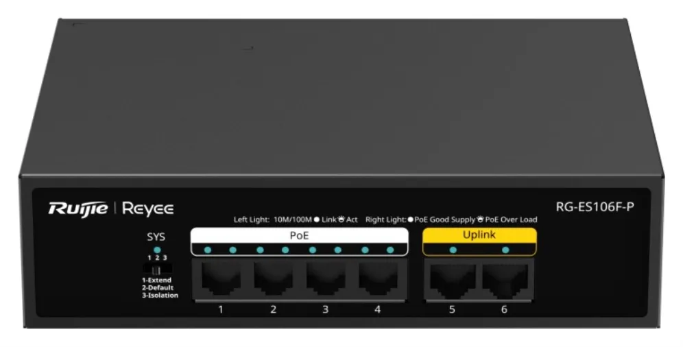 Ruijie Networks RG-ES106F-P switch No administrado L2 Fast Ethernet (10/100) Energía sobre Ethernet (PoE) Negro