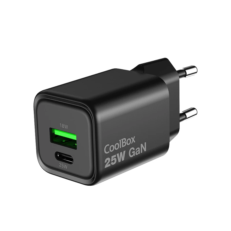 COOLBOX Cargador Gan 25W USB-A-USB-C Pared Negro