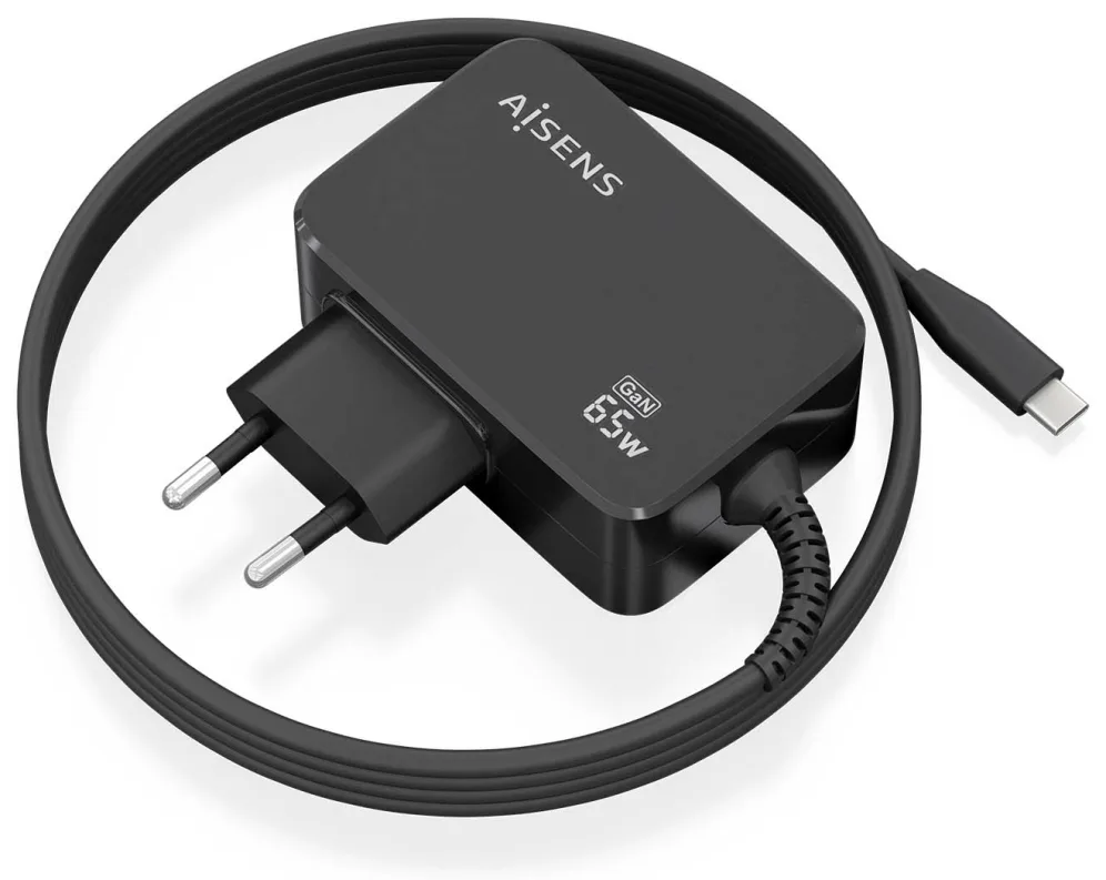 Cargador de Portátil GaN Aisens ASCH-1PD65WL033-BK/ 1xUSB Tipo-C + Cable 1.8m/ 65W/ Automático/ Voltaje 5-20V