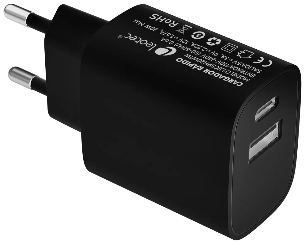 Cargador de pared leotec 20w carga rapida 1 usb tipo - c pd 1 usb - a negro