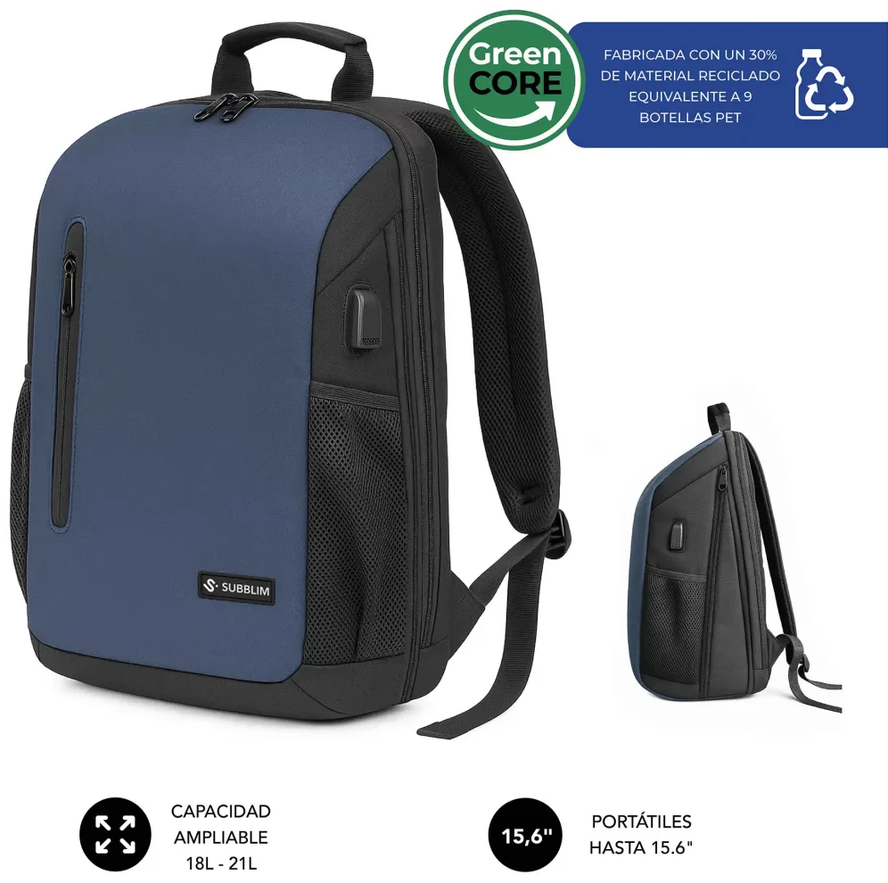 Mochila Subblim Xpand Air Padding Backpack para Portátiles hasta 15.6"/ 21L/ Puerto USB/ Azul