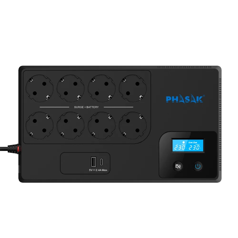 Sai ups phasak 1050va smart home 1kva interactivo avr pantalla lcd carga frontal usb a+c ph 9479