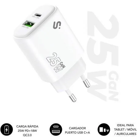 Cargador de Pared GaN Subblim 25W Charger USB C+A/ 1xUSB Tipo-C/ 1xUSB/ 25W