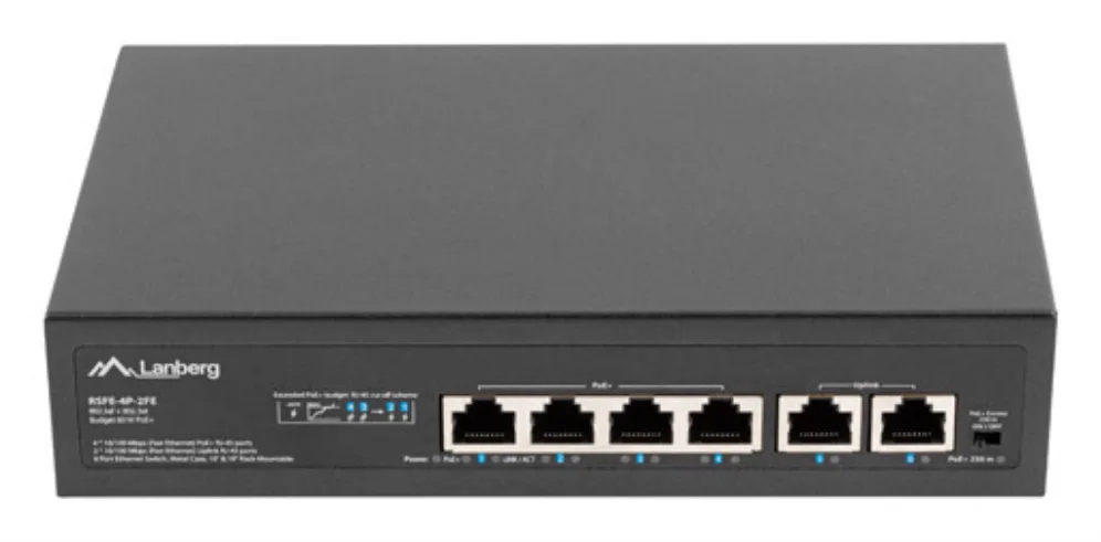 Switch lanberg 6 puertps 100mb 4xpoe+ - 2x fast ether 60w rack 10 pulgadas - 19 pulgadas