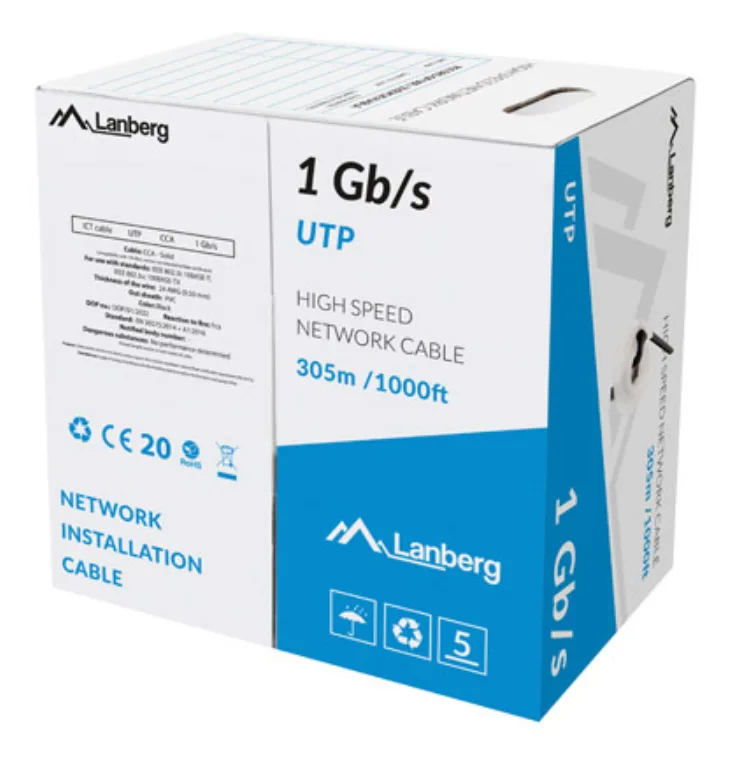 Bobina 1gb - s lanberg u - utp rj45 solido cca awg23 305m negro