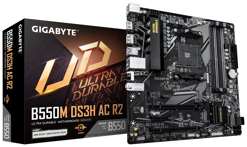GIGABYTE B550M DS3H AC R2 Placa base - Procesadores AMD Ryzen 5000, VRM de 5+3 fases, hasta 4733 MHz DDR4 (O.C.), 1x M.2 PCIe 4.0 + 1x M.2 PCIe 3.0, Wi-Fi 5, LAN 1 GbE, USB 3.2 Gen 1