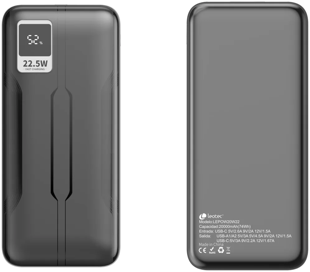 Powerbank 20000mAh Leotec LEPOW20W22K/ 22.5W/ Negra