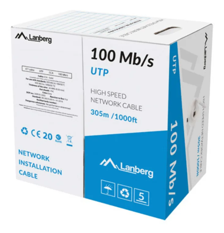Bobina 100mb - s lanberg utp rj45 solido cca awg24 305m gris