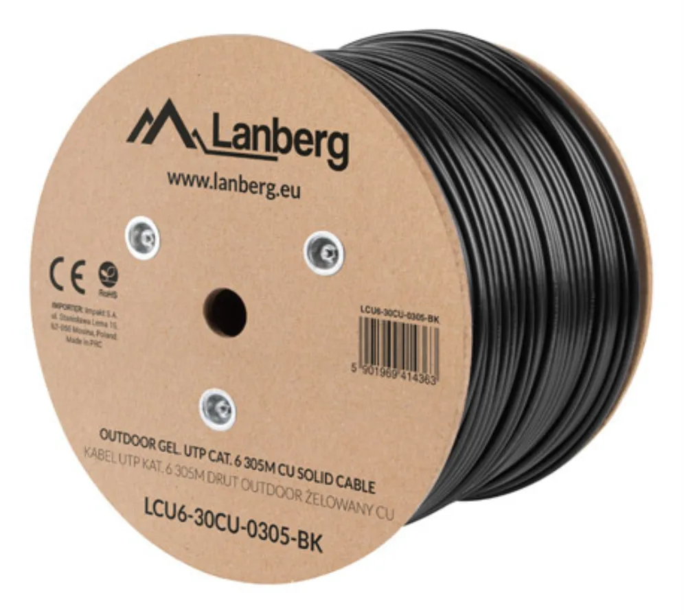 Bobina para exterior lanberg cat.6 utp rj45 cobre gel - filled fluke awg23 305m negro