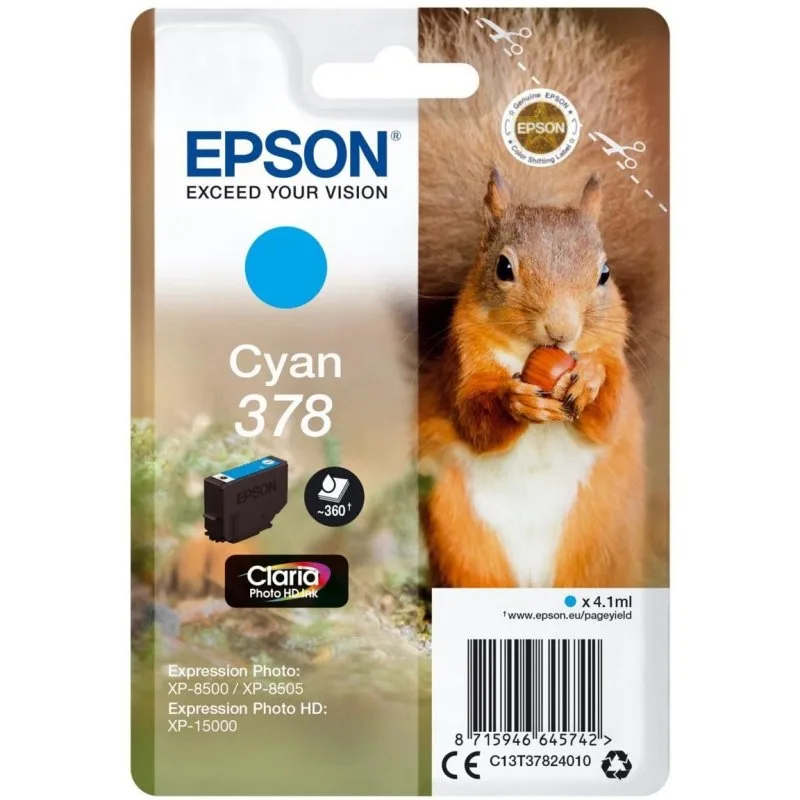 Cartucho tinta epson c13t37824010 singlepack cian 378 claria photo hd ink xp - 8500 ardilla