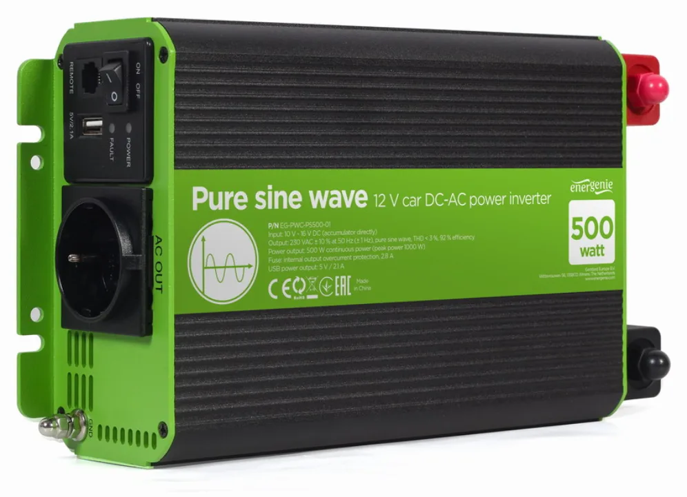 EnerGenie EG-PWC-PS500-01 adaptador e inversor de corriente Auto 500 W Negro, Verde