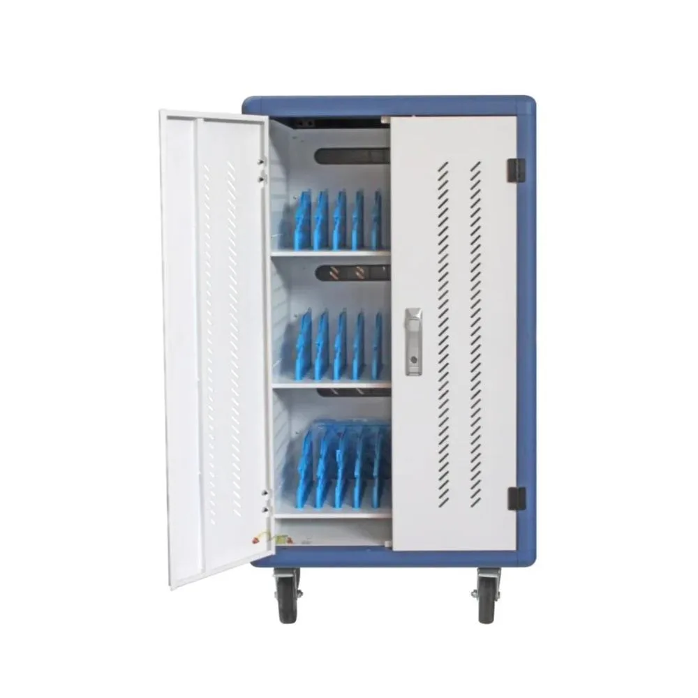 Armario carro de carga de seguridad phasak montado con ruedas goma 30 compart. para portatil tablet y smartphone blanco - azul pht 3530