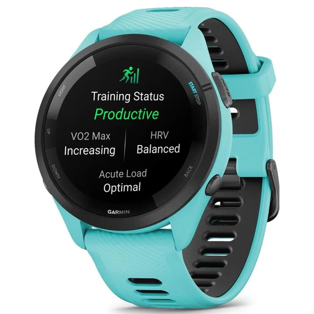 Garmin forerunner 265 46mm bisel negro con carcasa en turquesa y correa de silicona turquesa - negro