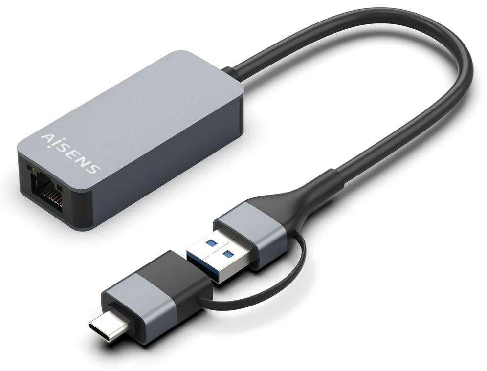 AISENS Conversor USB3.2 Gen1 USB-A+USB-C a Ethernet 2.5G 10/100/1000/2500 Mbps, Gris, 15cm