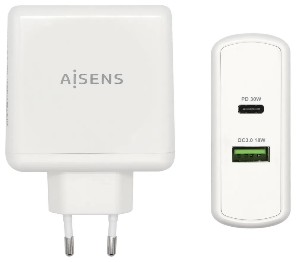 AISENS Cargador 48 W, 1x USB-C PD3.0 30 W, 1x USB-A QC3.0 18 W, Blanco